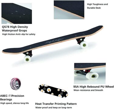 Дюймовий стандартний скейтборд, 7-шарова кленова дошка, підходить для дітей, підлітків, дорослих, початківців та професіоналів, максимальне навантаження 150 кг. Хризантема., 31-