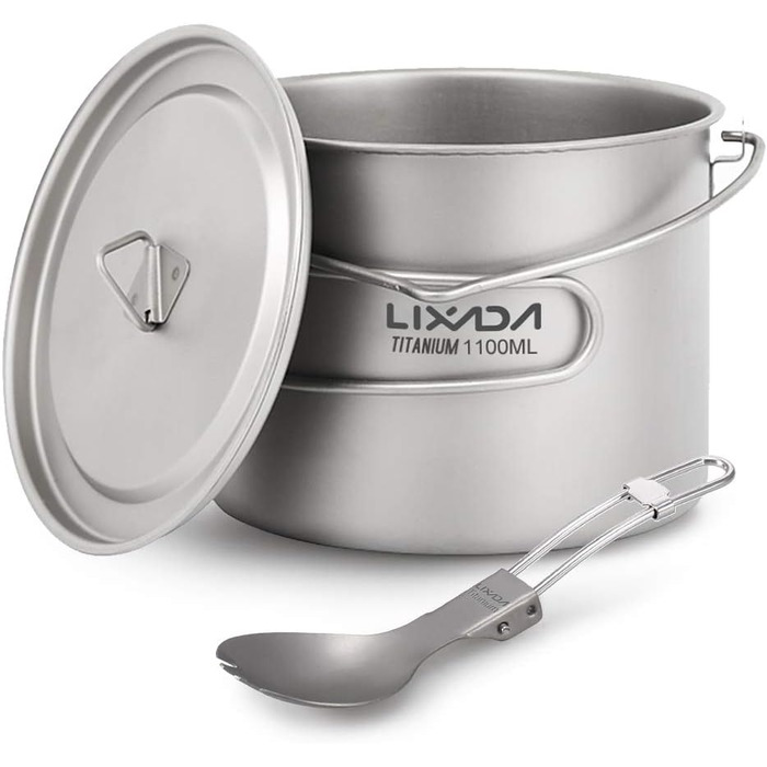 Титанова чашка Lixa-da з кришкою та складною лопаткою, 750 мл/900 мл/1100 мл, легкий посуд для пікніка, для кемпінгу, походів, пікніків на свіжому повітрі, 128 г C-1100 мл