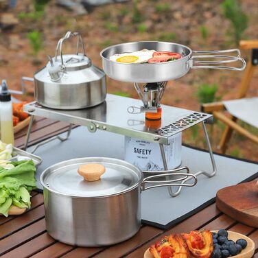 Набір посуду для кемпінгу з нержавіючої сталі каструля з кришкою та складаною ручкою, портативний посуд для туризму, походів, риболовлі та пікніків