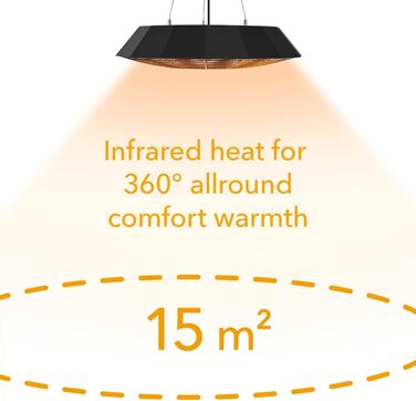 Інфрачервоний стельовий обігрівач TROTEC IR 2010 SC 2000 Вт, круговий обігрів 360, світлодіодне освітлення, захист від атмосферних впливів IP45, пульт дистанційного керування, алюмінієвий корпус, для патіо та ресторанів, 2000 Вт, чорний