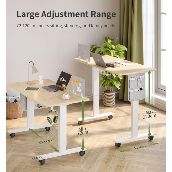 Письмовий стіл з регульованою висотою (140 x 70 см) Комп&39ютерний стіл з електричним регулюванням висоти, 4 режимами пам&39яті, дошкою для записів та колесами, що обертаються на 360 Стіл SN1 140 x 70 см, дуб біла рама