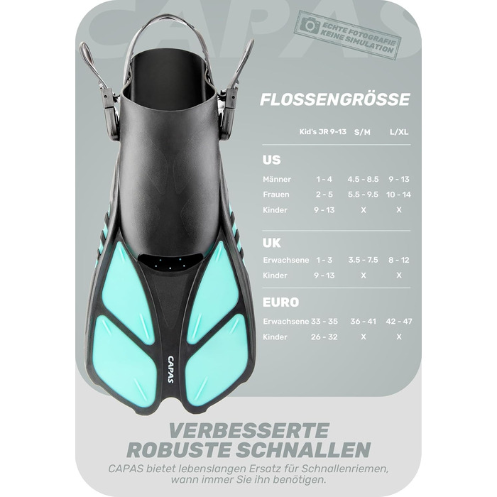 Ласти для плавання CAPAS, ласти для плавання дорожнього розміру, короткі, регульовані для підводного плавання та дайвінгу, ласти для дайвінгу з відкритою п&39ятою, зелені, S/M (дорослі 36-41)