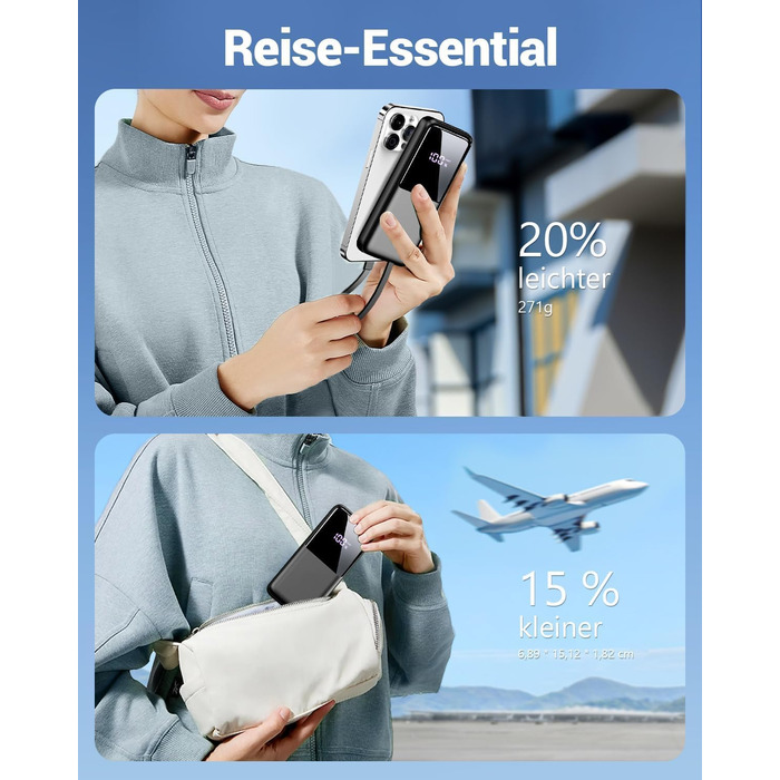 Портативний зарядний пристрій ємністю 26800 мАг, 22,5 Вт із USB-C та швидкою зарядкою, 3 порти та 2 вбудовані кабелі, зовнішній акумулятор, сумісний з iPhone 17 16 15 14 13 Android, чорний