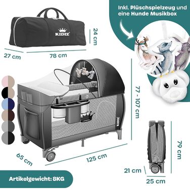 Дитяче ліжечко Kidiz Baby Travel Cot, складне дитяче ліжечко з матрацом та колесами 120x60, бічний вхід, пеленальний килимок, москітна сітка та сумка для перенесення, дитяче ліжечко, дитяче ліжко від народження до 15 кг, чорне