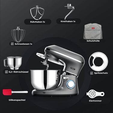 Кухонний комбайн Fentic - 2000 Вт - Чаша для змішування з нержавіючої сталі (6.2 л) - Тістомісильна машина з гачком для змішування, гачком для тіста, віночком і захистом від бризок - включаючи захисний чохол і додаткові аксесуари - Антрацит
