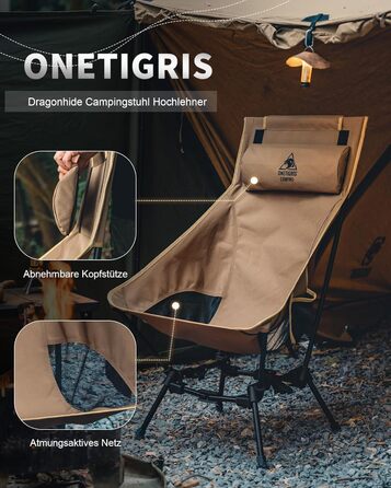 Крісло для кемпінгу OneTigris DRAGONHIDE, висока спинка, складне, вантажопідйомність 125 кг, легке складне кемпінгове крісло, складне рибальське крісло з 2 боковими кишенями, надлегке складне крісло для використання на свіжому повітрі, для походів, коричн