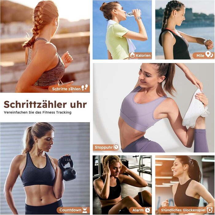 Крокомір, водонепроникний цифровий годинник для відстеження фітнесу, без Bluetooth та додатку, годинник для старших людей з крокоміром та лічильником калорій, спортивний годинник для ходьби/бігу, рожеве золото, жіночий, ширина ремінця 18 мм