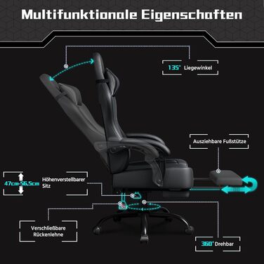 Ігрове крісло Yaheetech, ергономічне ігрове крісло з функцією масажу та висувною підставкою для ніг, регульована спинка, регульована висота, комп&39ютерне крісло, обертове крісло (чорне)