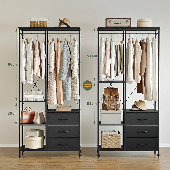 Штанга для одягу, міцна, для шафи - окремостояча портативна шафа-гардероба з колесами, дерев&39яною стільницею, сталевим каркасом, тканинними висувними ящиками та регульованими полицями, чорна