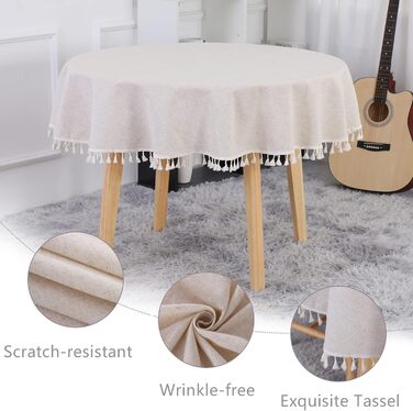 Бежева скатертина кругла 120 см Полотняна скатертина з бавовни, що миється, стійка до зминання Пилонепроникна з китицями для кухні