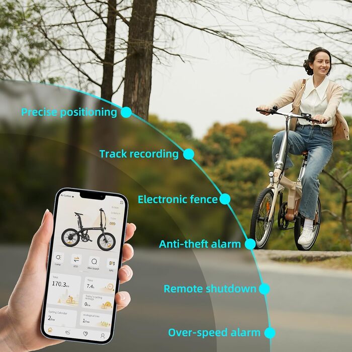 Електричний велосипед ADO E-Bike Air Carbon, складний велосипед, жіночий/чоловічий електровелосипед, ремінний привід, 14,5 кг, IPS LCD-дисплей, GPS, додаток ADO, 250 Вт, чорний