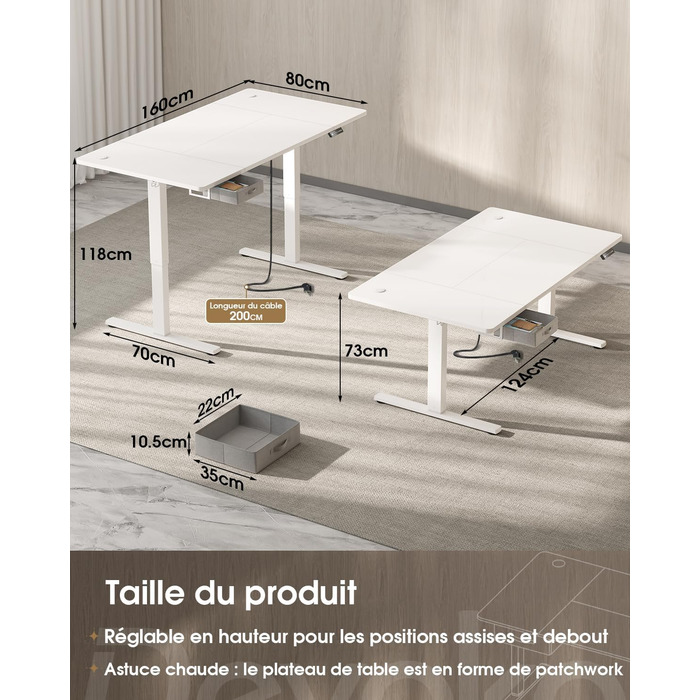 Письмовий стіл з регульованою висотою 160x80 см, Стіл з регульованою висотою та висувними ящиками, порт зарядки USB-A, комп&39ютерний стіл з лотком для кабелів, стіл для роботи стоячи з 3 функціями пам&39яті, білий, 160 x 80 см