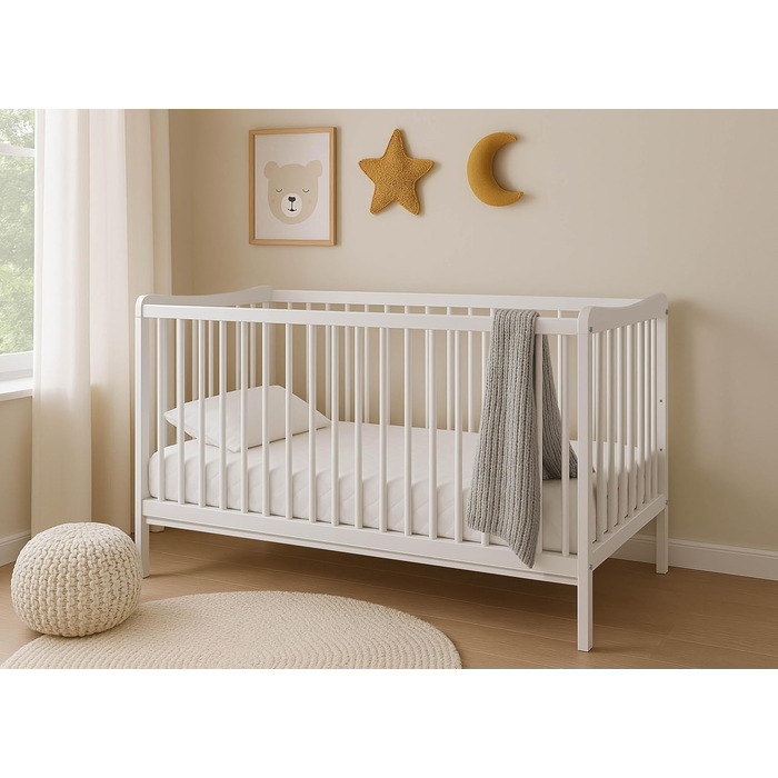 Дитяче ліжко 120x60 см Біле, протестовано на відповідність EN 716, дитяче ліжко з бука, регульована по висоті рейкова основа, 3 знімні перекладини