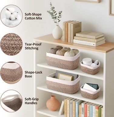 Невеликі кошики для зберігання з плетеної мотузки, 2 розміри, органайзер для шафи, полиці, книжкової полиці, дитячої кімнати, пеленального столика, тканинні коробки-кубики, прямокутні плоскі контейнери для ванної кімнати