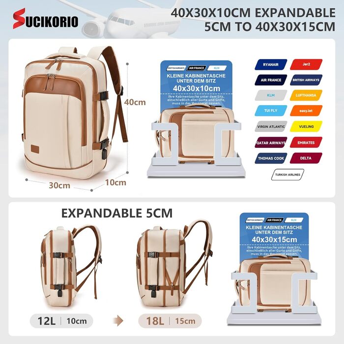 Рюкзак для подорожей Lufthansa KLM, розширюваний 5 см, 40x30x15 см, British Airways Air France, ручна поклажа, літак, з 3 кишенями, водонепроникний, для ноутбука, 15,6 дюймів, з USB, чорний