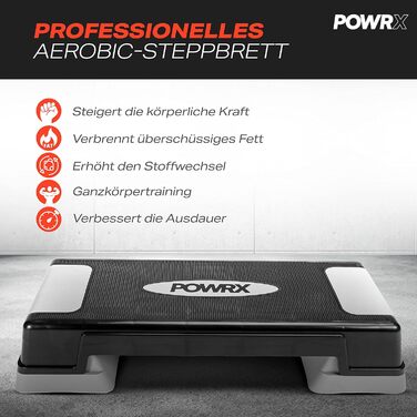 Аеробний степер POWRX 12/17/24 см (3 рівні) сірого кольору Степер з регульованою висотою та нековзним покриттям для аеробіки, гімнастики та фітнесу Домашня степ-лава чорного/сірого кольору
