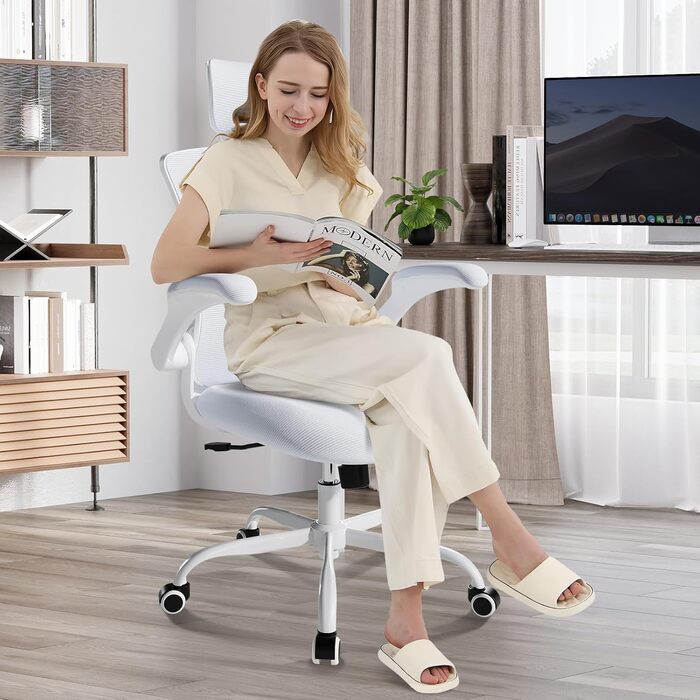 Офісне крісло COLAMY Mesh, комп&39ютерне крісло з регульованим підголівником та поперековою опорою, ергономічне робоче крісло з відкидними підлокітниками, функція нахилу 140, білий класичний колір