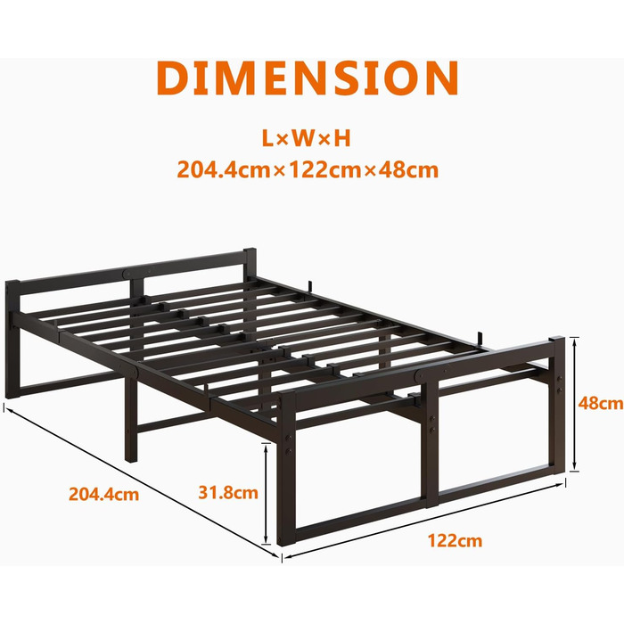 Ліжко 120x200 см, Каркас ліжка 120x200 з металевою рейковою основою, Металеве ліжко 120x200 см з місцем для зберігання - висота 32 см, Гостьове ліжко, Двоспальне ліжко, Пружинний матрац не потрібен, Чорний каркас ліжка 120 x 200 см