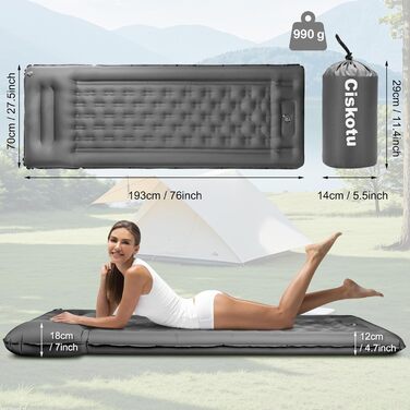 Самонадувальний килимок для сну, надувний матрац 12 см з ножним насосом, надлегкий для кемпінгу на свіжому повітрі, невеликий розмір у упаковці, сірий килимок/матрац для сну