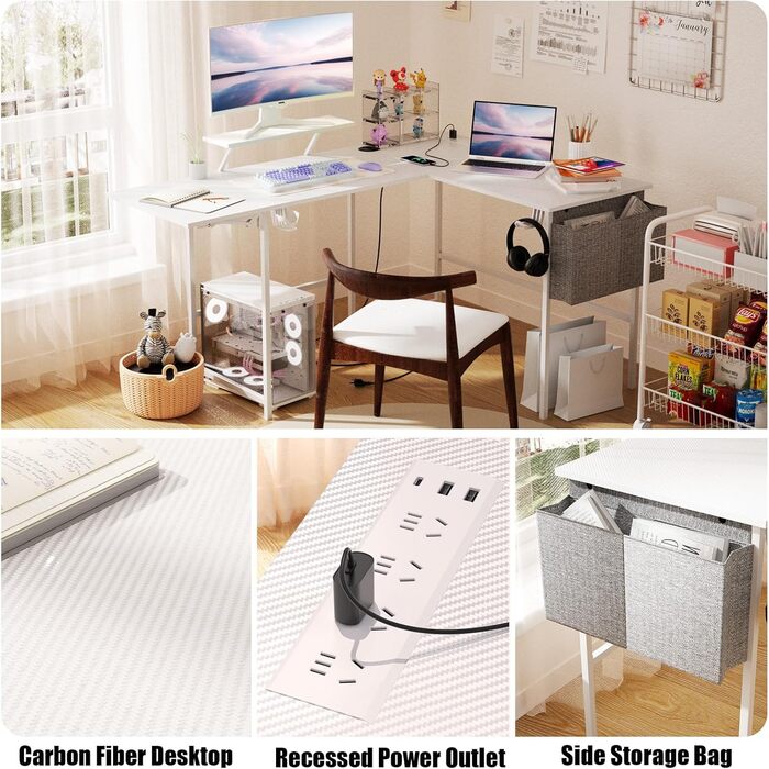 Ігровий стіл із розумним світлодіодним освітленням, L-подібний стіл із подовжувачем для домашнього офісу, кутовий стіл 120-150 см з розеткою, сумка для зберігання, підставка для монітора, білий