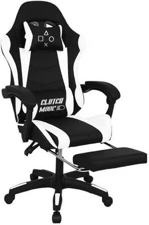 Ергономічне ігрове крісло FRANKYSTAR Clutch, офісне крісло з поперековою подушкою, підголівником та підставкою для ніг з ПВХ, чорно-біле