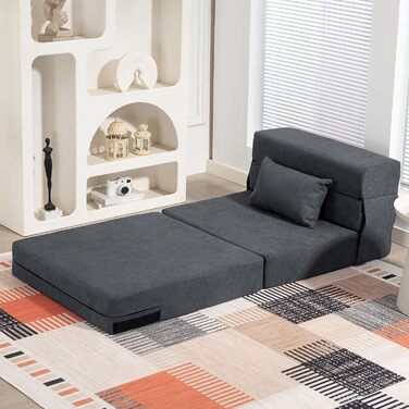 Крісло-ліжко HOMCOM 3-в-1, розкладний диван-ліжко з регульованою спинкою, подушка, гостьове ліжко з фланелевим ефектом, розкладне крісло для вітальні/спальні, 80 x 80 x 64 см, темно-сірий, темно-сіра тканина з фланелевим ефектом
