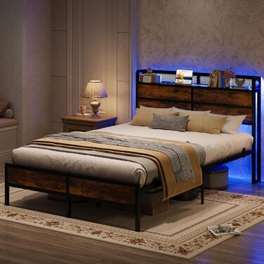 Ліжко IRONCK 140x200 см, Каркас ліжка 140x200 зі світлодіодним освітленням та зарядною станцією (2 розетки, 1 USB та 1 порт Type-C), Металеве ліжко, Двоспальне ліжко, Дитяче ліжко з рейковою основою, Місце для зберігання під ліжком