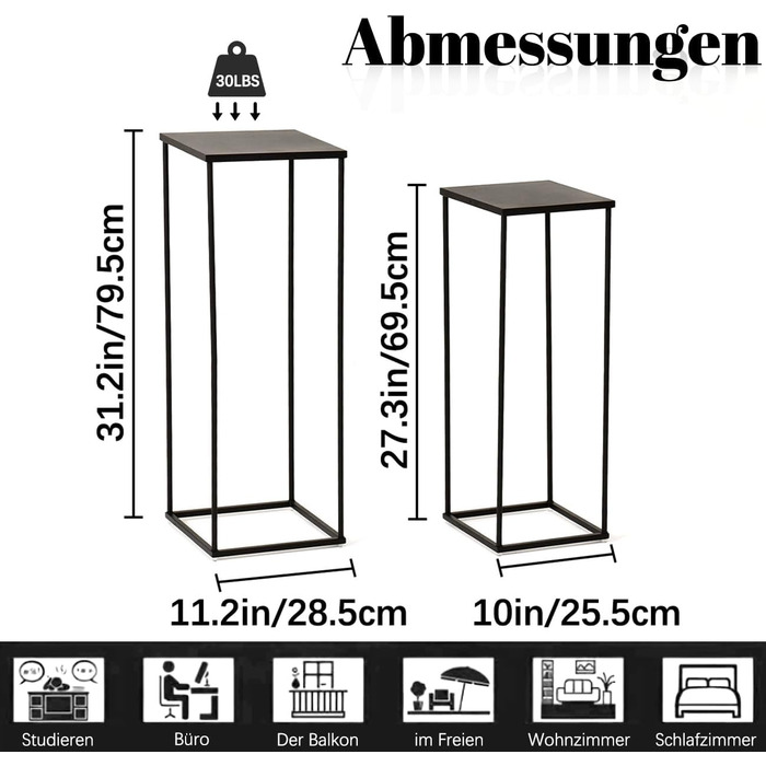 Набір з 2 металевих підставок для квітів VINCIGANT, чорний, підставки для рослин заввишки 70 см та 80 см, штабелюються та міцні, для використання в приміщенні та на вулиці, квіткові табурети, колони для рослин, вітальня, сад, балкон