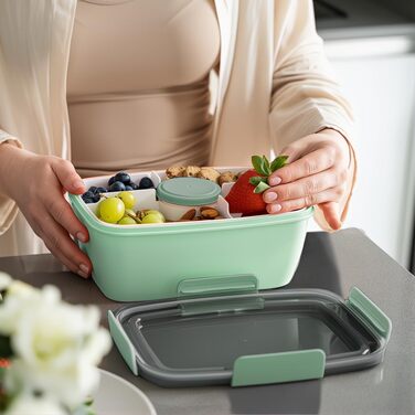 Ланчбокс Bugucat для дорослих 2000 мл, герметичний контейнер для обіду з роздільниками, бento-бокс для дітей, контейнер для салату з виделкою, для школи, офісу, темно-зелений 2000 мл