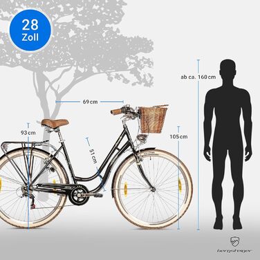 Жіночий велосипед 28 дюймів, підходить для зросту від 150 см, кошик з ротанга, ліхтарик для велосипеда, жіночий міський велосипед, жіночий велосипед у ретро-дизайні, 6-швидкісні коробки передач Tourney, перемикач швидкостей, 28 дюймів чорного кольору, 26