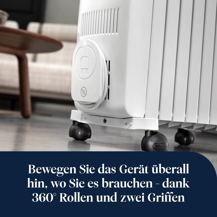Масляний обігрівач De'Longhi Dragon EasyTronic (TRD50615) для приміщень до 45 м, електрообігрів з термостатом безпеки, 6 секцій, 12 рівнів температури, портативний, 1500 Вт, білий