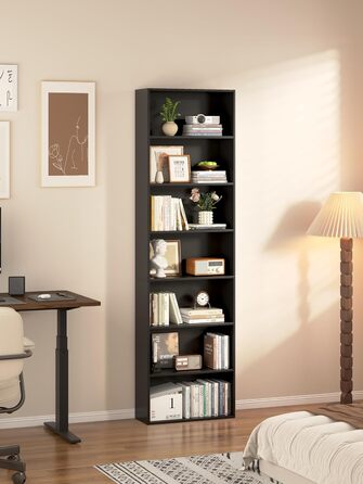 Рівнева окремостояча полиця Garvis 60 см завширшки, 210 см заввишки Відкрита книжкова шафа, білий чорний дуб Офічна полиця для вітальні (чорна), 7-