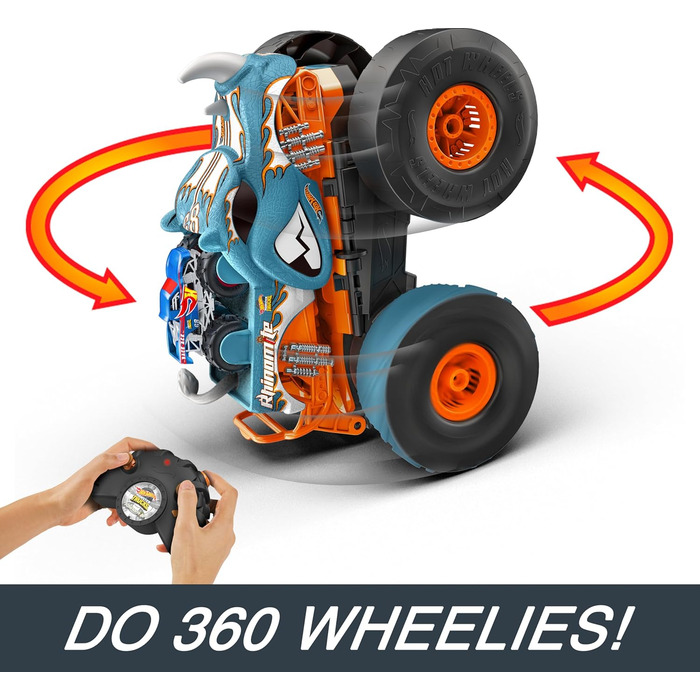 Машинка на дистанційному управлінні Hot Wheels Monster Trucks, кабріолет Rhinomite в масштабі 112 з іграшковою вантажівкою Race Ace в масштабі 164, можна перетворити на стартер, HPK27