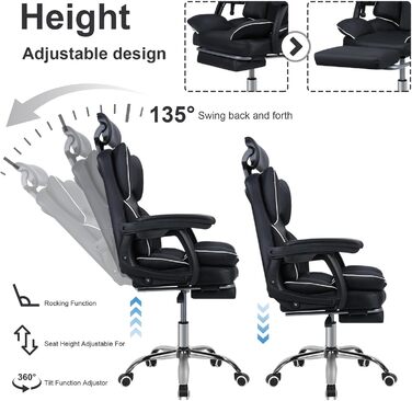 Ергономічне офісне крісло Yokawe з підставкою для ніг, вантажопідйомність 180 кг, комп&39ютерне та ігрове крісло зі штучної шкіри з підголівником та поперековою опорою, чорне