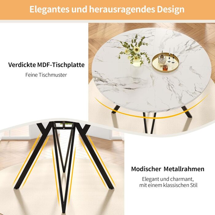 Круглий обідній стіл Merax 100 см, сучасний кухонний стіл для 4-6 осіб, обідній стіл з міцними чорними металевими ніжками, мармурова стільниця з МДФ, кухонний обідній стіл для вітальні, їдальні, офісу 100 x 100 x 76 см, мармуровий візерунок та чорний-6