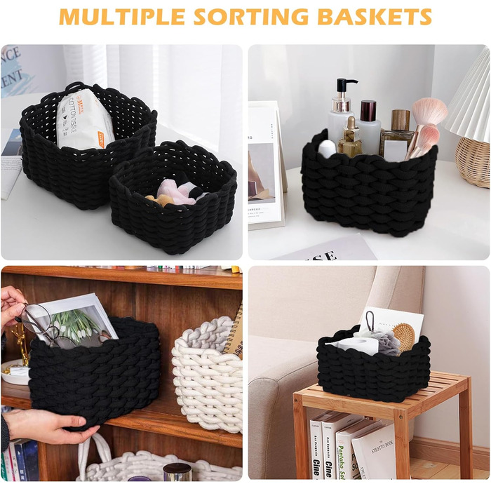 Бавовняні кошики для зберігання, Плетений бавовняний шнур, Кошики для зберігання, Органайзери, Кошики для зберігання для дитячої кімнати, вітальні, ванної кімнати, Розміри D27xH17 см D33xH22 см (Чорні), 2 шт.