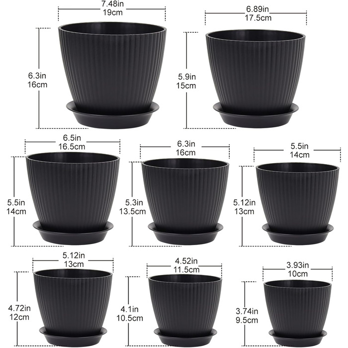 Набір з 8 квіткових горщиків з блюдцями, 19/17,5/16,5/16/14/13/11,5/10 см, пластикові кашпо, гідропонні горщики, набір квіткових горщиків, ідеально підходить для кімнатних та балконних садів, чорний 19/17,5/16,5/16/14/13/11,5/10 см, чорний