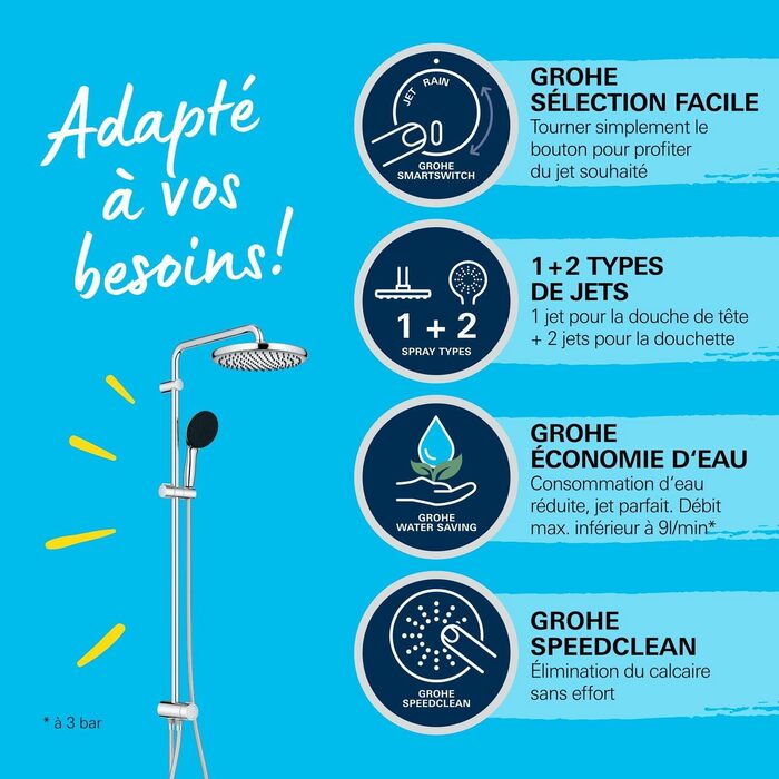 Душовий набір GROHE Vitalio 250 без змішувача, водозаощадний (8 л/хв), лійка з 2 режимами струменя, штанга 104 см, круглий, хром, 26989001