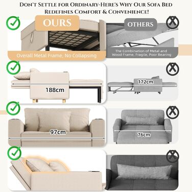 Диван-ліжко YODOLLA 97 см надзвичайно широкий, крісло-ліжко 3-в-1 з функцією ліжка, регульованою спинкою, підстаканниками, крісло-ліжко з місцем для зберігання речей та функцією сну для вітальні, бежевий 97 см надзвичайно широкий, складання за 10 хвилин, 