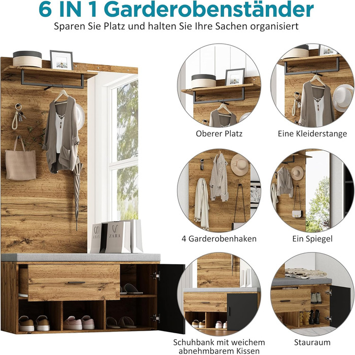 Набір вішалок для одягу Ymkua настінна вішалка, набір вішалок для передпокою з підставкою для взуття, дзеркалом і подушками, набір