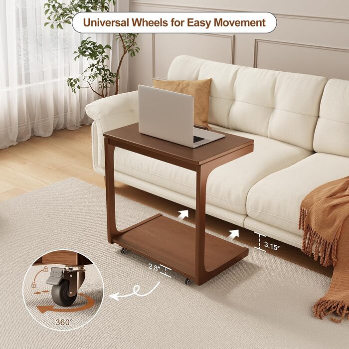 Дерев&39яний журнальний столик, диванний столик на колесах, С-подібна форма, мобільний журнальний столик, 60Ш x 40Г x 63В см, журнальний столик для вітальні для кави та ноутбука (горіхово-коричневий) Горіхово-коричневий 60Ш x 40Г x 63В см