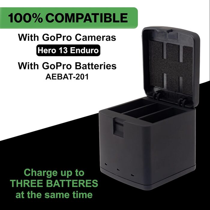 Зарядний кейс PATONA преміум-класу з 3 відсіками, сумісний з GoPro Hero 13, AEBAT-201 Заряджає 3 акумулятори одночасно Зі світловим індикатором та застібкою-клацкою Компактний та легкий У комплекті кабель USB-C