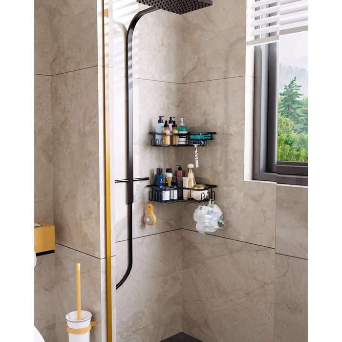 Душова полиця HapiRm, Душова полиця без свердління, Душова полиця кутова чорна з 11 гачками, мильниця і тримач для бритви, Душова