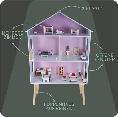 Дерев&39яний ляльковий будиночок "Бандити та ангели", білий та рожевий, сучасна вілла, вік 3, висота 115,5 см включає 47 предметів меблів ляльковий будиночок іграшка для ляльок, висота 115 см