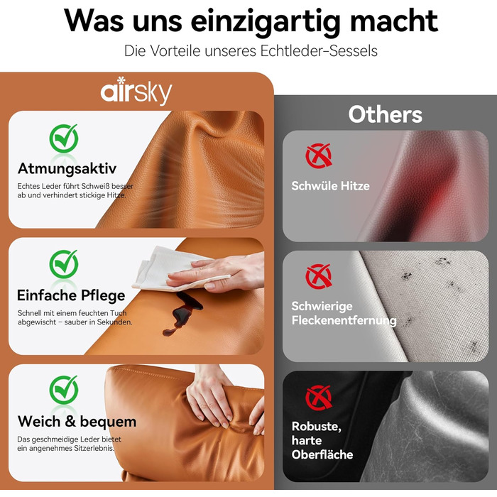 Крісло для відпочинку AIRSKY з натуральної шкіри, крісло для телевізора з функцією відкидання, крісло для кінотеатру, крісло для сну, крісло для старших, крісло для телевізора з функцією сну, ручне регулювання крісла для вітальні, спальні (помаранчеве)