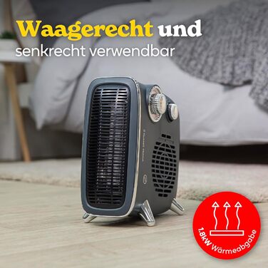 Електричний обігрівач Russell Hobbs, 1800 Вт/1,8 кВт, горизонтальний/вертикальний ретро-вентилятор, сірий з регульованим термостатом, 2 режими нагріву, підходить для приміщень площею до 20 м, поворотний регулятор, RHRETHFH1001G з 2-річною гарантією