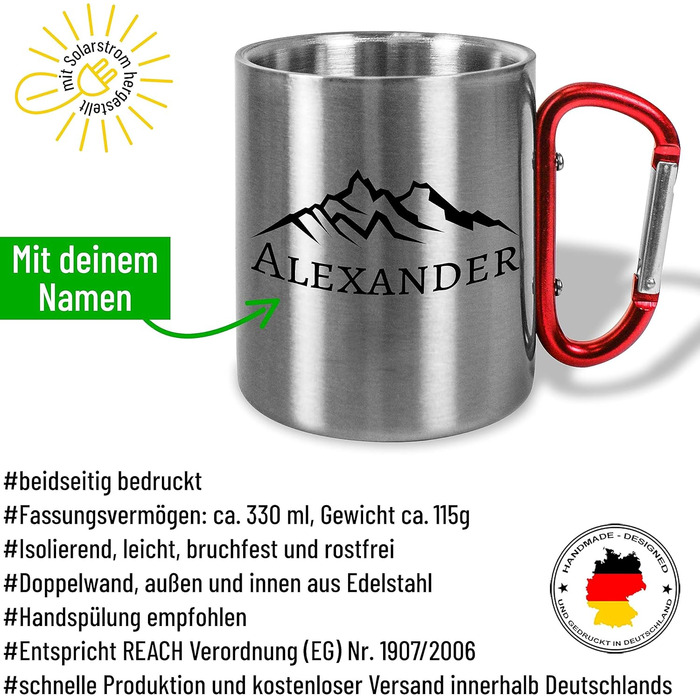 Кружка з нержавіючої сталі з карабіном, приблизно 330 мл, персоналізована Гори - Подарунок для шанувальників гір, альпіністів, любителів гір, чоловіків та жінок - Металева кружка з назвою - Для кемпінгу на природі - Червона ручка, без кришки