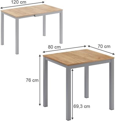 Обідній стіл Vicco Granny, дуб/сірий, 120 x 70 см, розсувний дуб/сірий 80-120 x 76 x 70