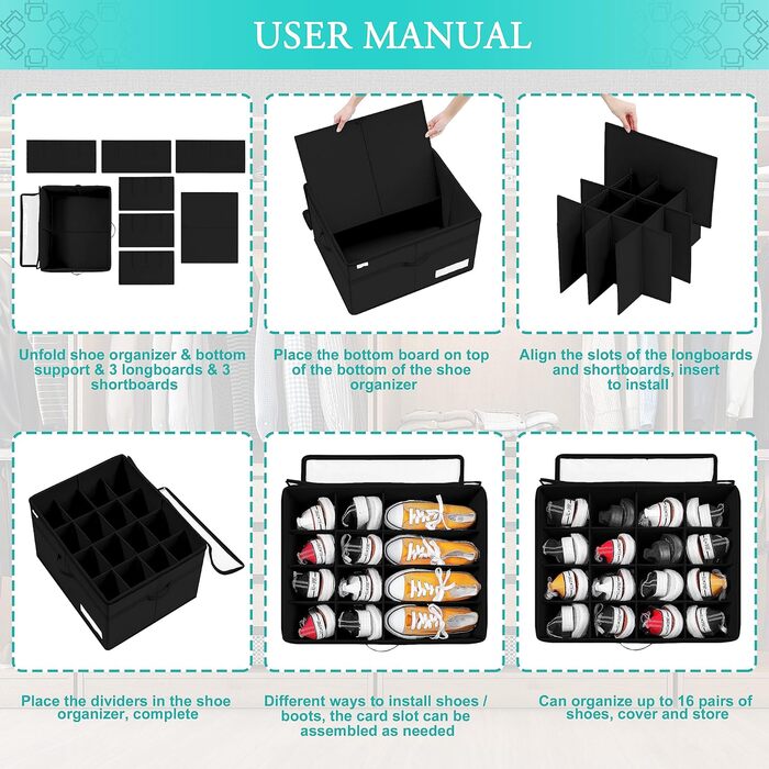 Органайзер для взуття для шафи, вміщує 16 пар, велика взуттєва шафа, взуттєва коробка з прозорою кришкою, міцна коробка для зберігання взуття, компактна взуттєва полиця з ручками, чорна 53 x 42 x 33 см