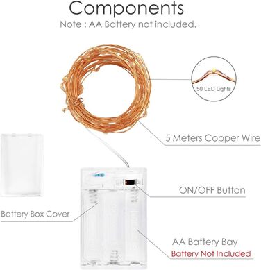 Світлодіодна батарея казкових вогнів 4 шт. и, казкові вогні для приміщення, 5м 50 шт. Мікро світлодіодні казкові вогні дріт критий